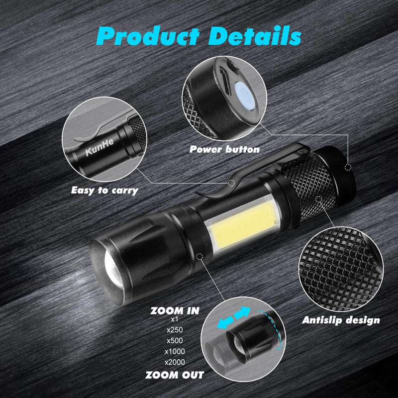 KunHe 4 Pack Rechargeable Flashlights USB-C mini Small LED Lantern Flashlights Bright Clip-On Light EDC Flash Light with Side COB Light for Camping Home Emergency Stocking Stuffers - Image 4